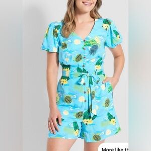 ModCloth X Collectif|Sea Turtle Wave Romper in blue critters/floral tropical•XL